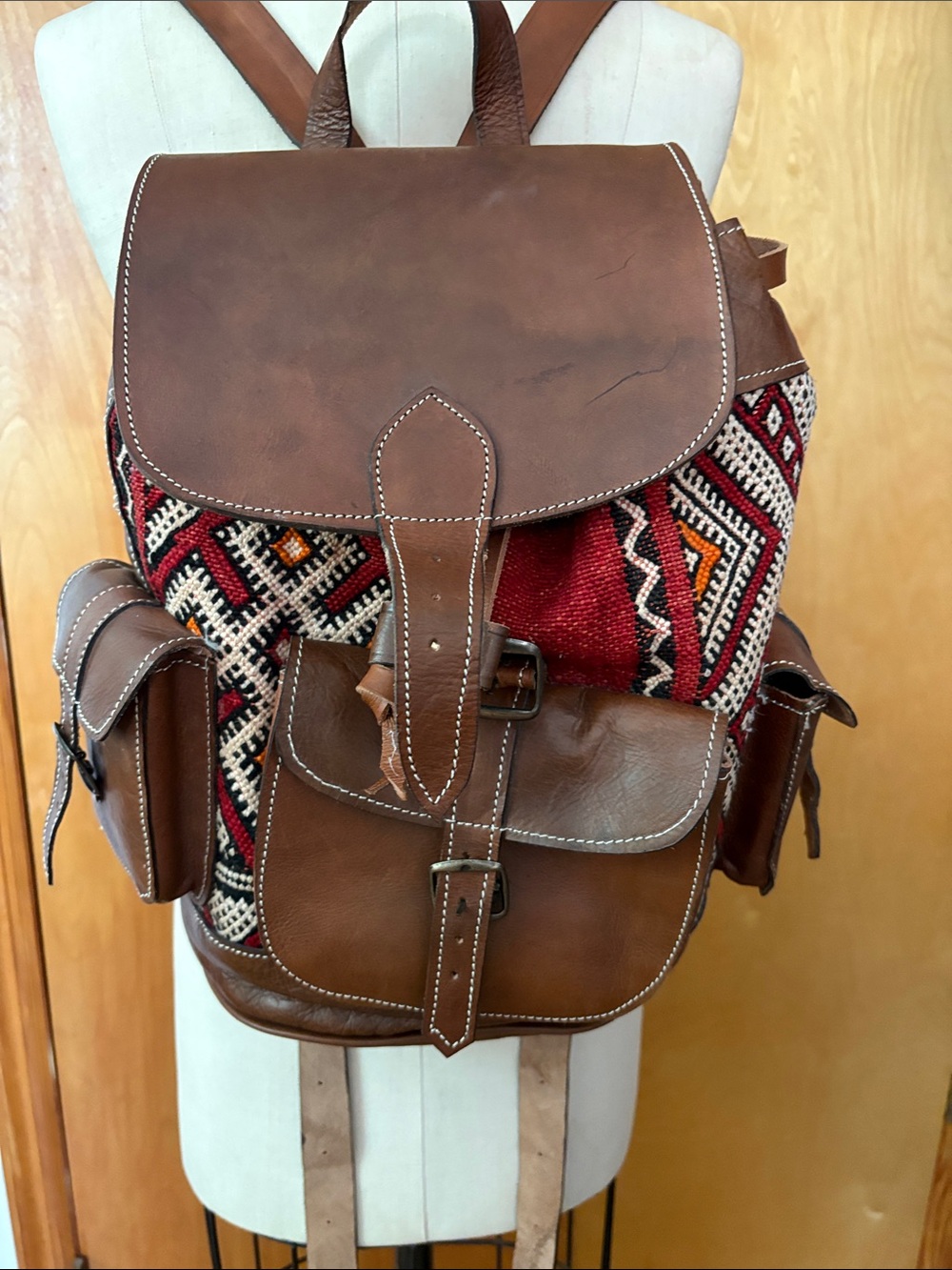 Handcrafted Moroccan Leather Kilim Backpack - Boho Rug Bag